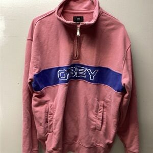 Obey Worldwide Men's Quarter Zip Up Sweater in Pink and Blue